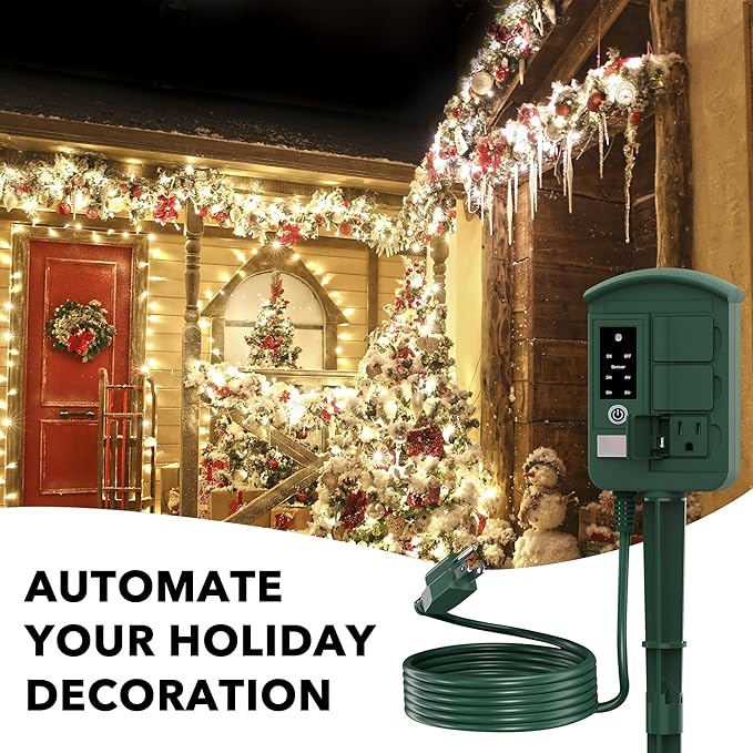 BN-LINK Outdoor Power Strip with 25FT Extension Cord, Remote Control Dusk to Dawn Light Timer Waterproof, 6 Grounded Outlets for Christmas Lights & Decorations, 15A/1875W ETL