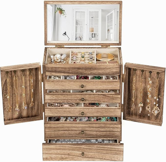 Emfogo Wooden Jewelry Box for Women, 6-Tier Large Jewelry Organizer Boxes with Mirror Rustic Solid Wood jewlery Storage Display for Rings Earrings Necklaces Bracelets watches(Carbonized Black)