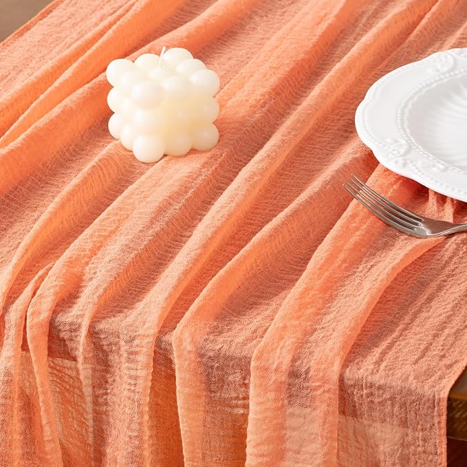 Socomi 3pcs Peach Orange Valentine's Day Gauze Cheesecloth Table Runner 120 Inch Rustic Boho Cheese Cloth Runner for Wedding Party Baby Bridal Shower Centerpiece Decoration Holiday Home Decorations