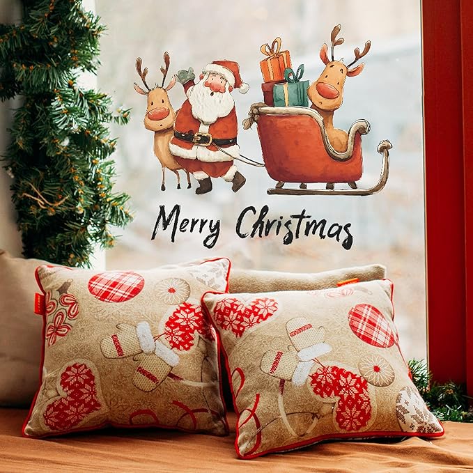 Christmas Wall Stickers Decor- Flower Wall Decals Peel and Stick Xmas Santa, Reindeer, Gifts Removable Wall Art for Home Party Office Classroom Winter Holiday (B)