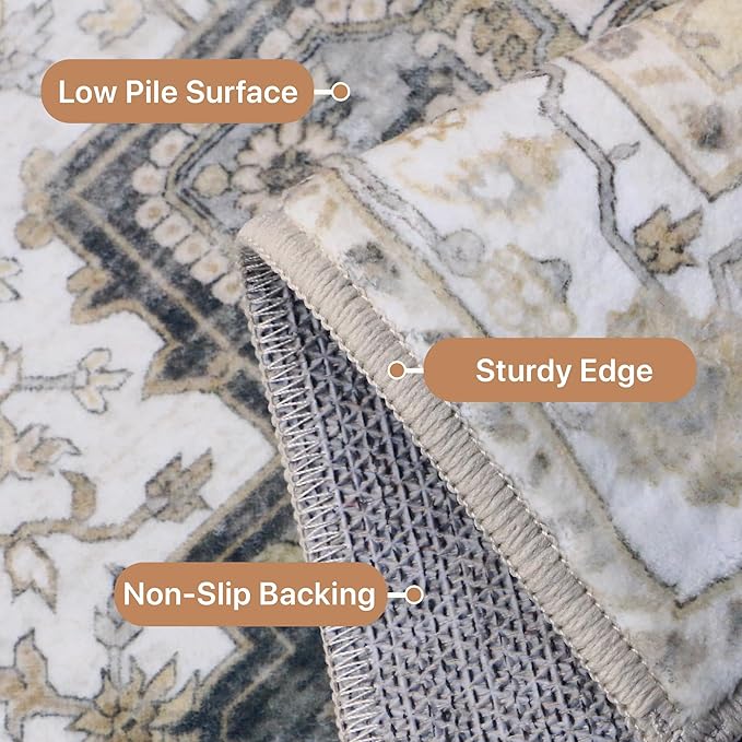 GENIMO 2x5 Runner Rugs for Hallway, Machine Washable Non Slip Vintage Retro Rugs, Low Pile Lightweight Soft Print Rug for enrtyway, Corridor, Home Office, Kitchen, Heathered Grey