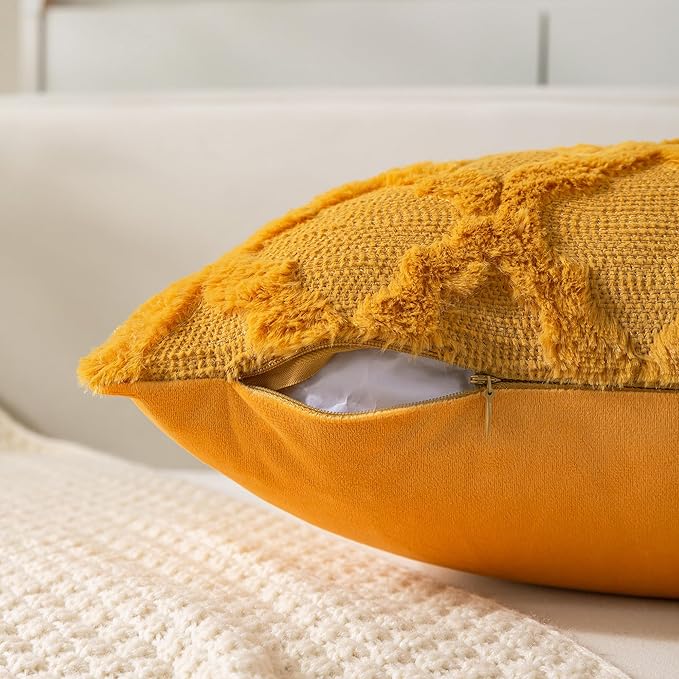 Set of 2 Soft Moroccan Throw Pillow Covers 24x24 Inch Plush Boho Decorative Pillow Cover Accent Cushion Case for Couch Sofa Bed, Mustard Yellow