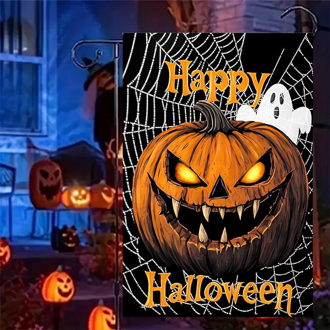 Halloween Garden Flag Double Sided 12x18 Inch Scary Pumpkin Ghost Spider Web Yard Sign Gothic Spooky Outdoor Banner Creepy Jack Lantern Face Holiday Lawn Porch Decoration