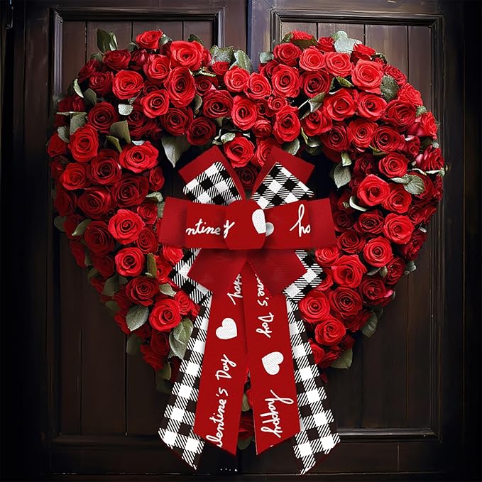 Large Valentine's Day Words Wreath Bows Valentines White Black Plaids Burlap Fabric Bows for Wreath Valentines Decor Ribbon Bows for Valentine's Day Party Wedding Indoor Outdoor Decoration Supplies