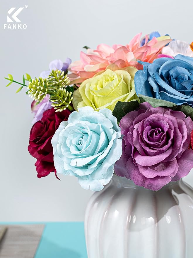 FANKO Artificial Flowers Rainbow Rose, Mixed Combo Fake Silk Flowers Blue & Red Rose Purple Burgundy Roses with Dahlia Assorted Blooms for DIY Wedding Bridal Bouquets/Centerpieces/Home Decor