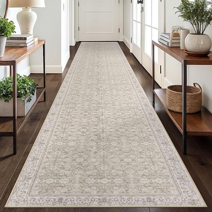 2.6x18 Washable Runner Rug for Kitchen, Cream Beige White Grey Soft Classic Runner with Non-Slip, Non-Shedding Distressed Floral Rug for Hallways Entryway Bedroom Laundry Indoor