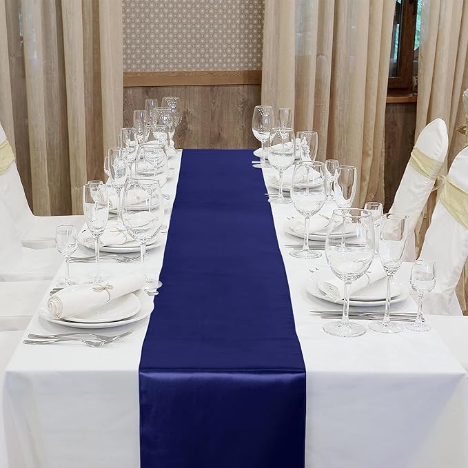ANECO 4 Pack Satin Table Runner 12 x 108 Inch Long Bright Silk and Smooth Fabric Party Table Runner for Wedding Banquet Party Decoration- Navy Blue