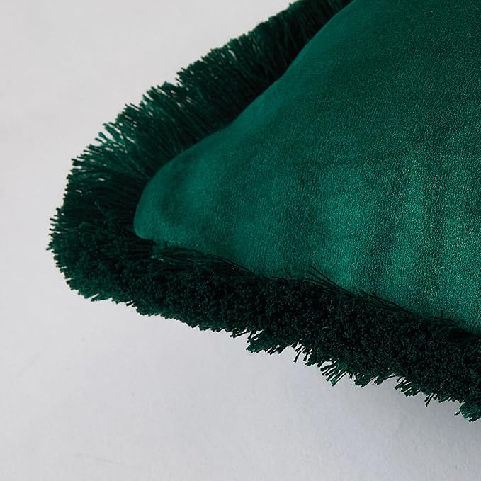 JUSPURBET Pack of 2 Forest Green Decorative Fringe Velvet Throw Pillow Covers 16x24 for Home Decor Living Room Bedroom Car Boho Soft Cushion Cover with Hidden Zipper Machine Washable