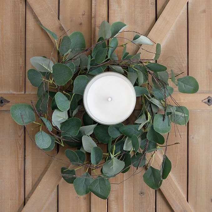 idyllic Eucalyptus Leaves Wreath Metal Polyester Green Wreath 14 Inches for The Front Door Décor, 4 Pack