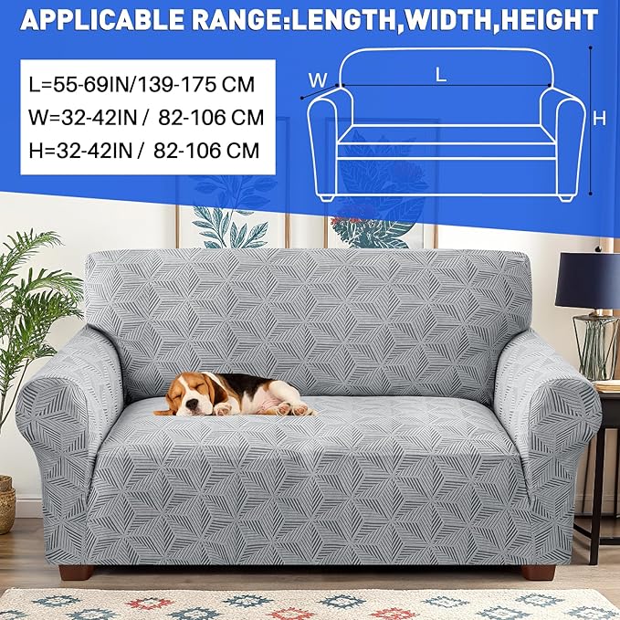 YEMYHOM 1 Piece Stretch Couch Covers for 2 Cushion Couch, Jacquard Loveseat Cover with Non-Slip Elastic Bottom, Thickened Slipcover Furniture Protector for Dogs Pets (Medium, Light Gray）