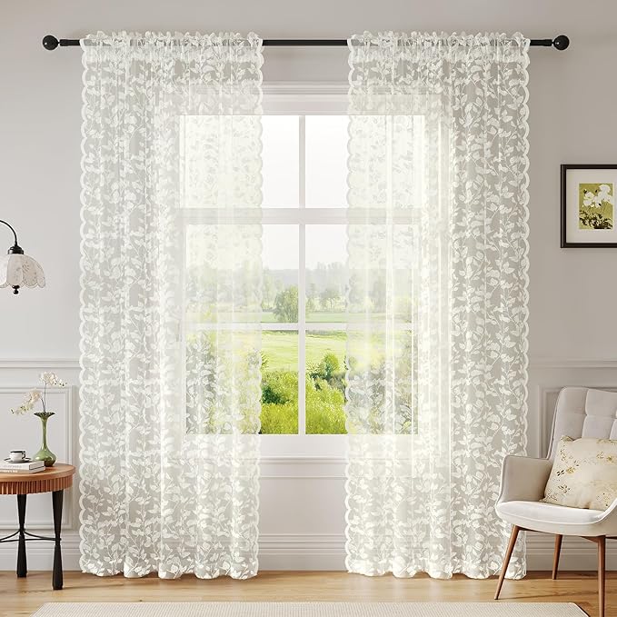 Ivory Lace Sheer Curtains 84 inches Long – Vintage Leaves Pattern Lace for Living Room/Bedroom, Light Filtering Rod Pocket Drapes, Privacy Chic Window Treatments, 52W x 84L Inch, 2-Panel Set