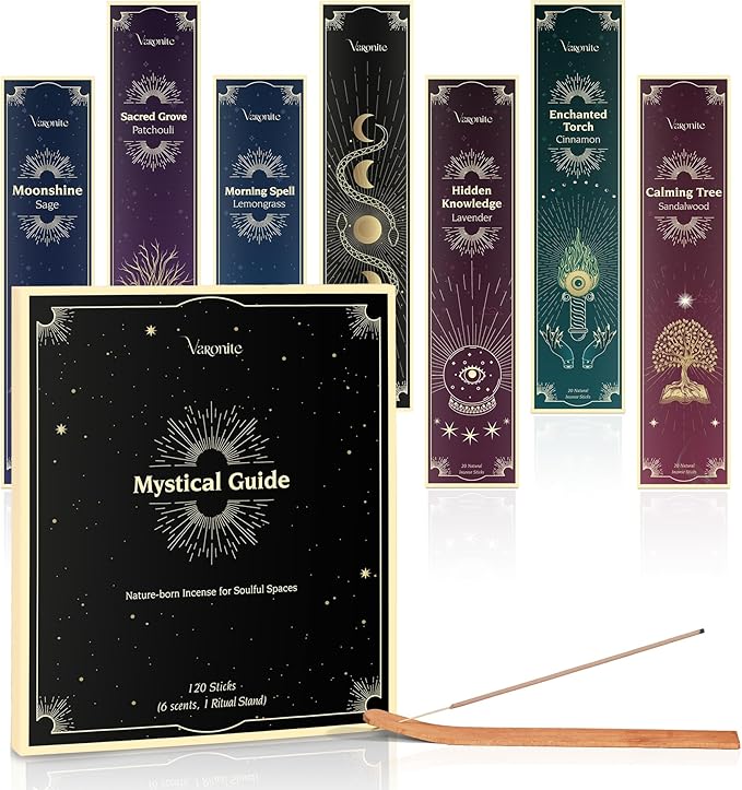 Mystical Guide Incense Sticks Variety Pack of 6 (120 Insence-Sticks) with Holder: Patchouli, Lavender, Sandalwood, Cinnamon, Lemongrass, Sage Inscents-Stick, Organic Incense Stick Non Toxic