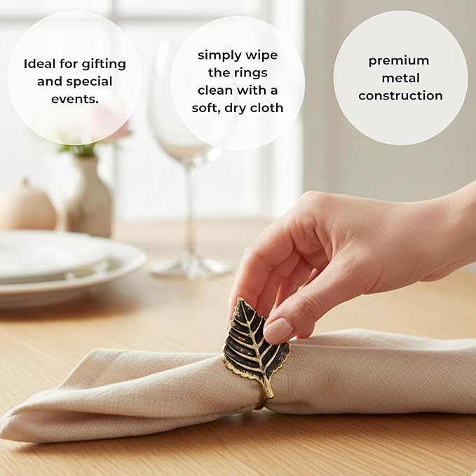 ALPHA Living HOME Set of 12 Napkin Rings for Farmhouse Decor Premium Metal Leaf Dinnerware Napkin Holders Thanksgiving, Christmas, and Easter Table Setting (Antique Gold)