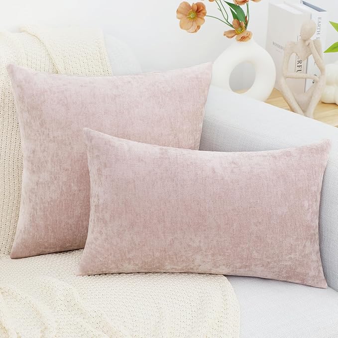 decorUhome Chenille Blush Pink Christmas Throw Pillow Covers 20x20 Inch Set of 2, Decorative Soft Couch Pillow Covers Solid Dyed Accent Farmhouse Neutral Square Pillow Cases for Sofa
