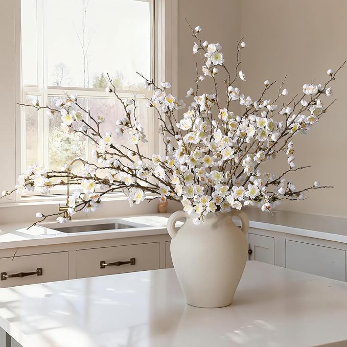 6 PCS Artificial Cherry Blossom Branches Spring Indoor Decoration, Faux Flowers 34.45" Long Stems Plum Fake Peach Plants Real Touch Silk for Wedding Home Bedroom Party Table Office, White