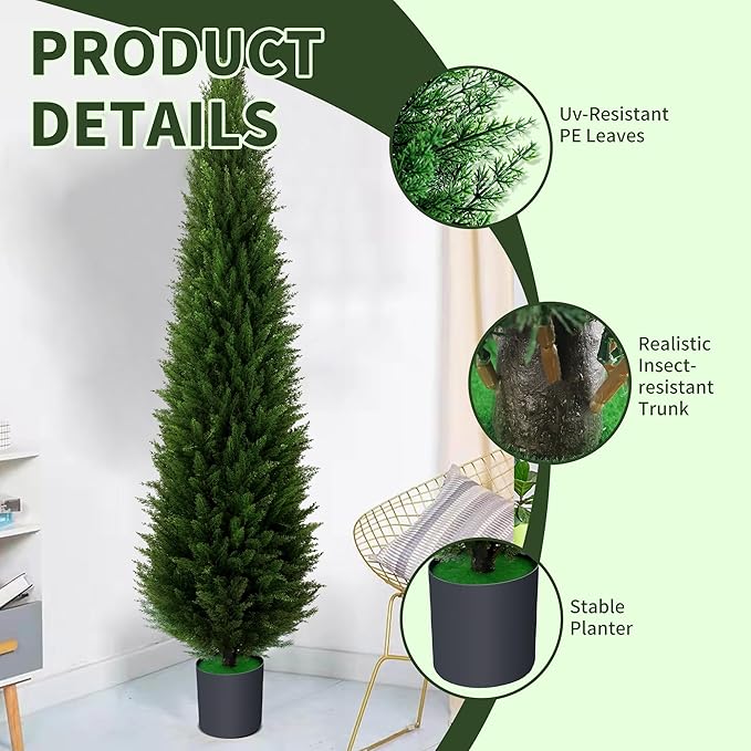 6ft Artificial Plants Outdoor & Indoor Fake Trees Set of 2, Large Tall Cypress Tree UV Resistant Artificial Cedar Pine for Front Door Porch Faux Plants, Realistic Topiary Arborvitae Home Decor
