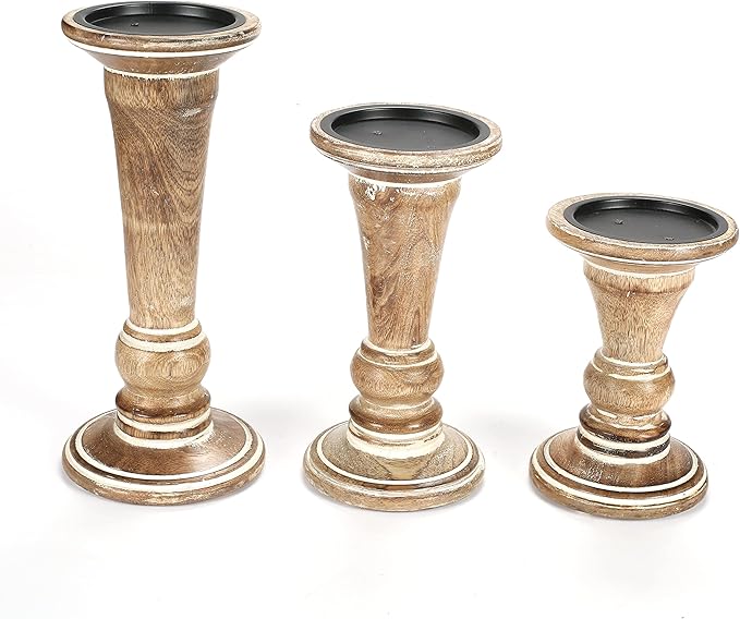 Hand Crafted Decorative Wooden Pillar Candle Holder Stand Siren Shape, Rounded Turned Colums, Country Style Ideal for Gift, Wedding, Christmas, Party, Home, Spa - 10,8,6 Inch Set of 3 - White Wash