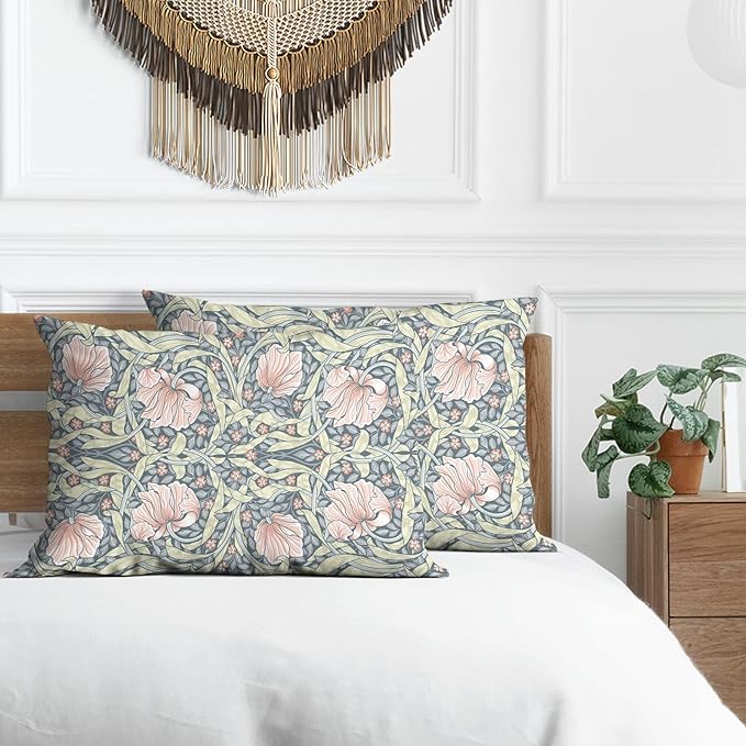 Pink Floral Pillow Protectors with Zipper Standard Size William Morris Flowers Print Pillow Covers Set of 2 Vintage Nature Botanical Pillow Cases Mid Century Modern Bed Pillow Covers 20"x36"