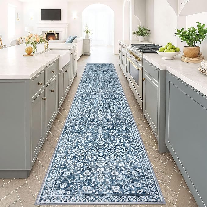 Vintage Runner Rugs for Hallway 3x18, Blue and White Washable Long Hallway Runner Rug Non Slip, Super Soft Kitchen Runner Rug, Print Faux Wool Floral Thin Carpet Hall Runner