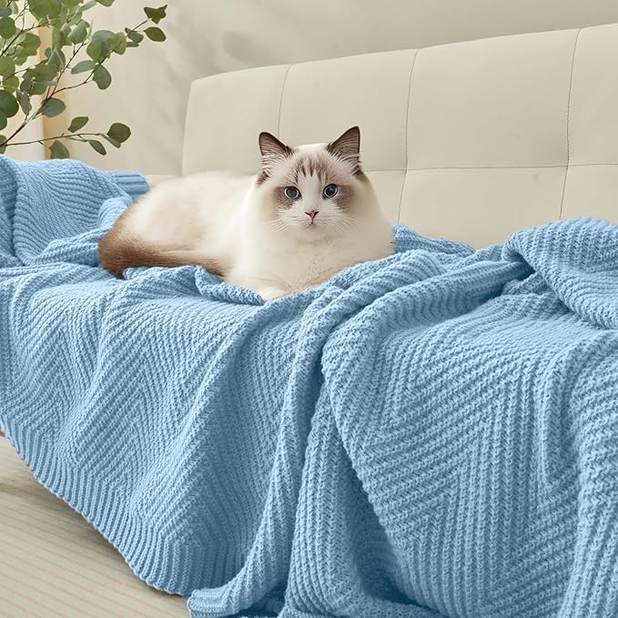 Knitted Throw Blanket 60"X80", Light Blue Knit Throws for Bed, Super Soft Boho Chevron Blankets for Couch Sofa Chair Room Decor, Textured Decorative Farmhouse Cozy Lightweight