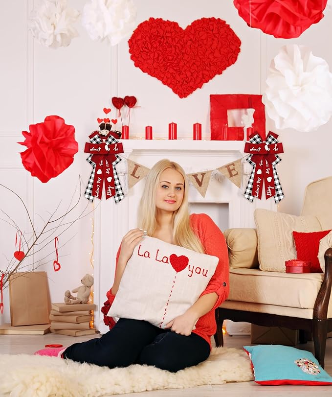 Large Valentine's Day Words Wreath Bows Valentines White Black Plaids Burlap Fabric Bows for Wreath Valentines Decor Ribbon Bows for Valentine's Day Party Wedding Indoor Outdoor Decoration Supplies