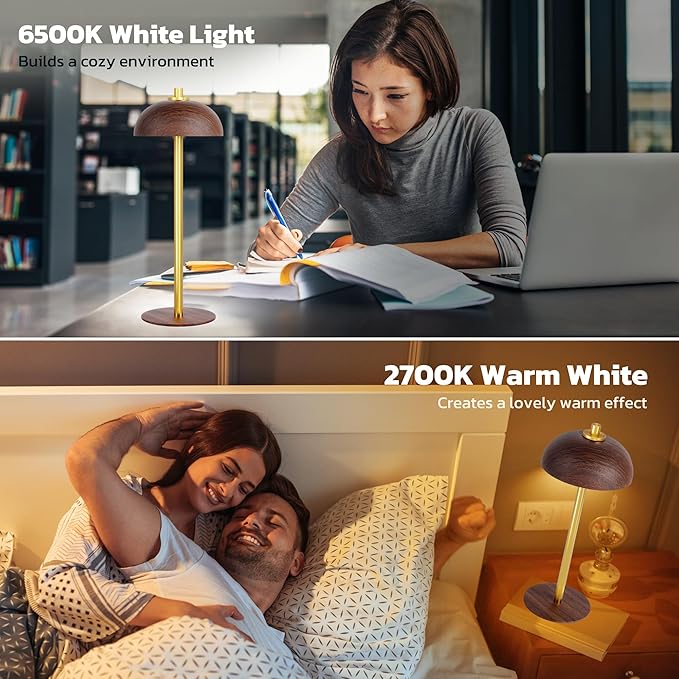 Rechargeable Cordless Table Lamp 2 Pack - 5000mAh Battery Powered Lamp, 3 Color Stepless Dimming LED Table Light with Memory Function for Indoor, Outdoor, Dinner, Patio, Cafe.(Wood Grain B)