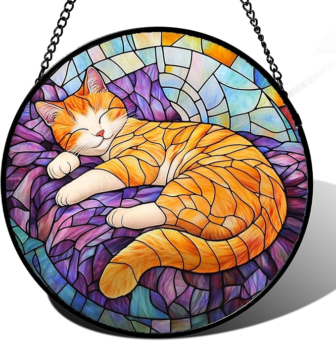Stained Glass Window Hanging Sleeping Orange Cat Large 11.8" - Memorial Gift Suncatcher Door Sun Catcher Decor Birthday Christmas for Lost Pets Mom Men Woman Friend