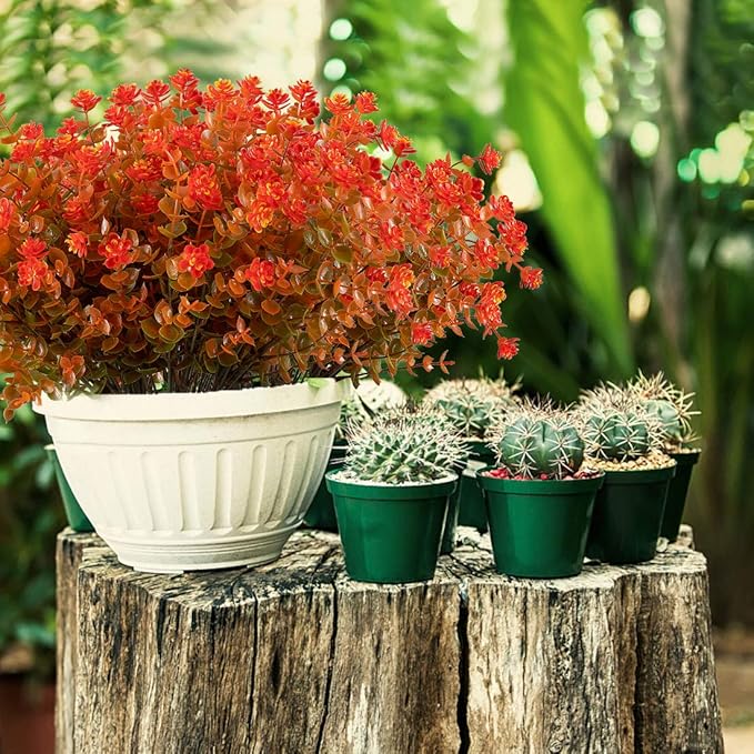 8 Bundles Artificial Flowers, Fake Artificial Greenery UV Resistant No Fade Faux Plastic Plants for Wedding Bridle Bouquet Indoor Outdoor Home Garden Kitchen Office Table Vase (Orange Red)