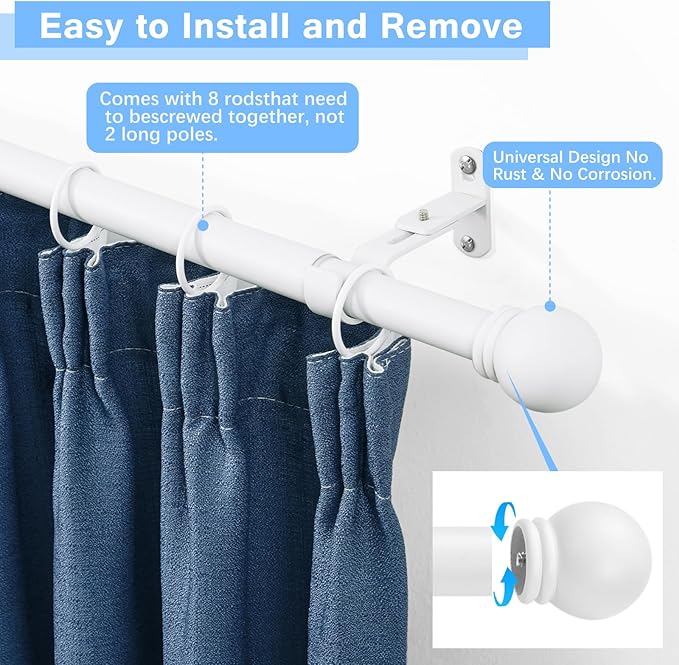 Curtain Rods for Windows 16 to 120 Inches, Curtain Rod Max Adjustable Length of 132 IN, 6/8" Diameter Drapery Rods Round Finials, White, Pack of 2