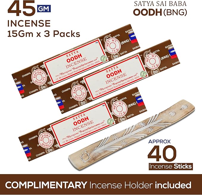 Satya Nagchampa Oodh Incense Sticks, Satya Bng (Bangalore) Insenses 15gmx3 Pack (45 GMS) with Raajsee Incense Holder Bundle, Satya Nagchampa Natural Incense