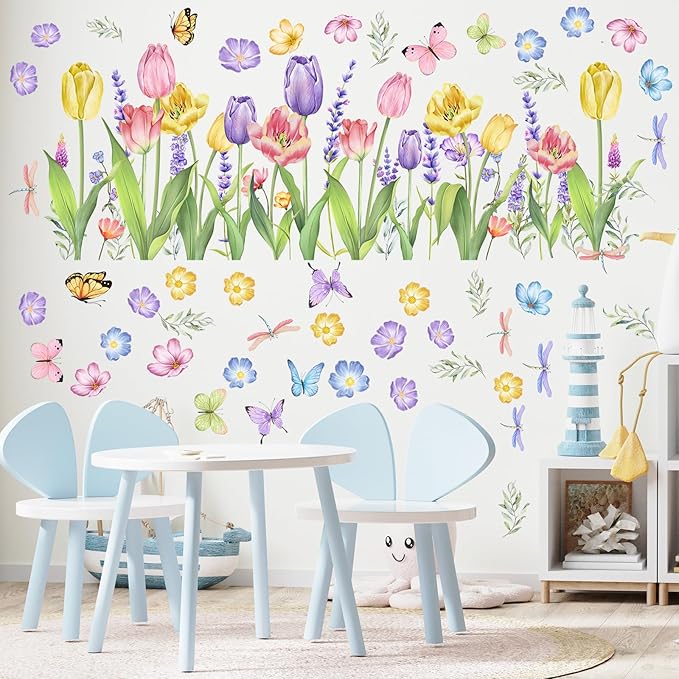 Eersida 6 Sheets Spring Wall Stickers Flower Decals Lavender Tulip Butterfly Spring Flower Wall Clings Art Garden Decorations for Living Room Bedroom Home
