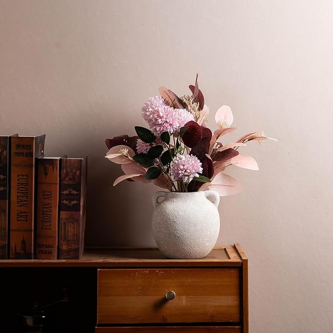 White Ceramic Vase - Short Vases with Hadle - 6 Inch Small Christmas Rustic Decorative Vase Flower, Vintage Terracotta Vase for Home Decor Living Room Shelf Decor Table, Lyeec