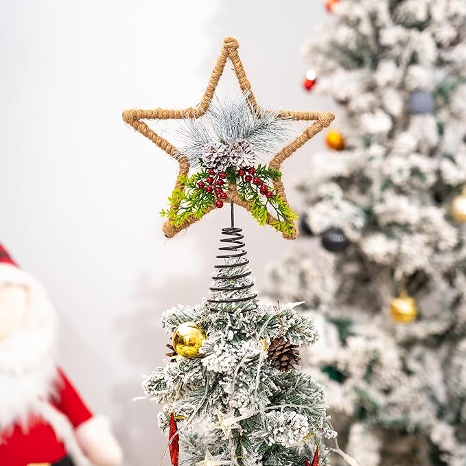 DUSVALLY Christmas Tree Topper - Metal Decoration with Holly Berry for Christmas Tree Top, Xmas Tree Topper Hat with Pine Cone & Holly Decor, Gift for Home & Office, 11" H