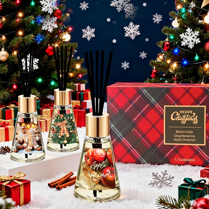 Reed Diffuser Set of 3, Scented Diffuser with Sticks, Gingerbread Joy/Apple Cinnamon/Balsam Cedar, Air Fresheners for Home Bathroom Shelf Decor, Aromatherapy Oil Diffuser Gift Idea, 1.7Oz x 3