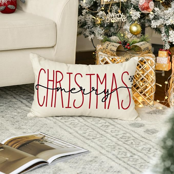 AVOIN colorlife Merry Christmas Throw Pillow Cover, 12 x 20 Inch Winter Holiday Cushion Case Decoration for Sofa Couch