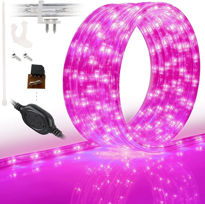 WYZworks 1116LEDs, 100ft LED Outside Rope Lights, Waterproof Permanent Outdoor ETL Certified Connectable Clear Tube, Christmas Palm Tree Holiday Decorative Landscape Patio Accent Lighting - Pink
