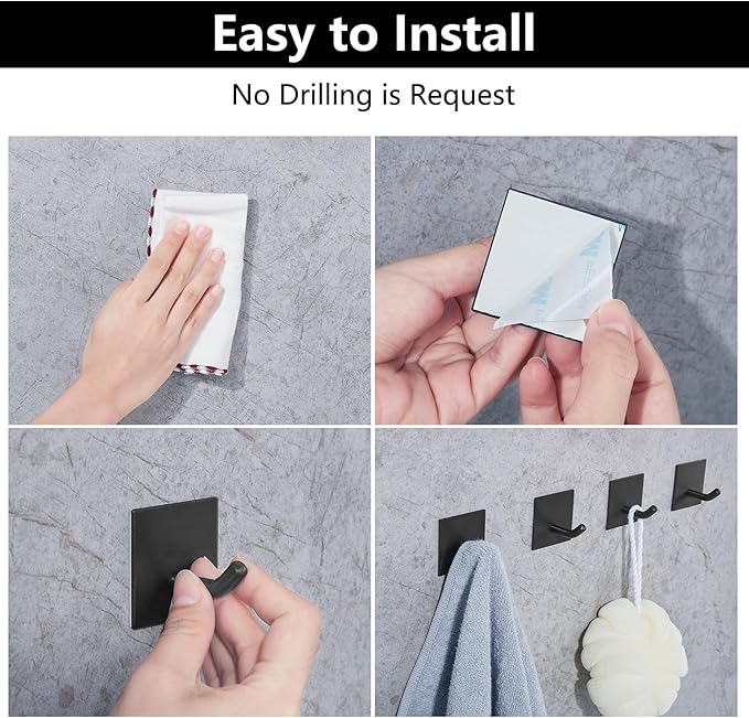 Heavy Duty Adhesive Hooks, Stick on Wall Adhesive Hangers, Strong Stainless Steel Holder, Self Adhesive Hooks for Kitchen Bathroom Home Door Towel Coat Key Robe 6 Packs Black