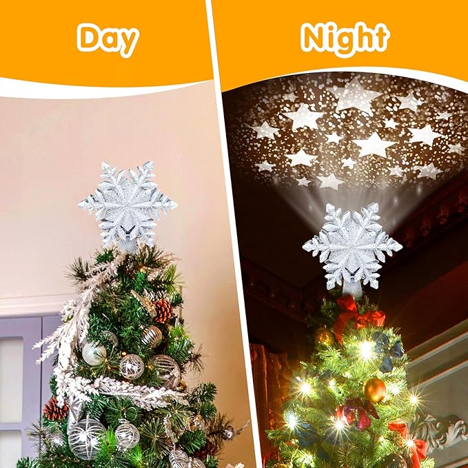 Christmas Tree Topper Lighted, Rotating Star Pattern Projector, 3D Hollow Glitter Lighted Snow Tree Topper for Xmas Party Holiday Christmas Tree Decorations(Silver Snow)