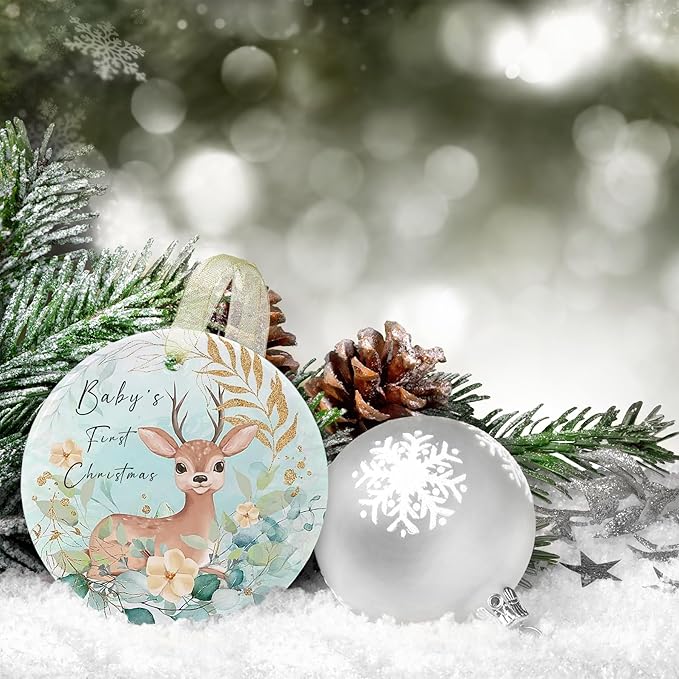 Babys First Christmas Ornaments 2025 Babies First Christmas Ornament Baby's 1st Ornament Boys Girls Round Ceramic Decoration with Gift Box&Ribbon (2.9"
