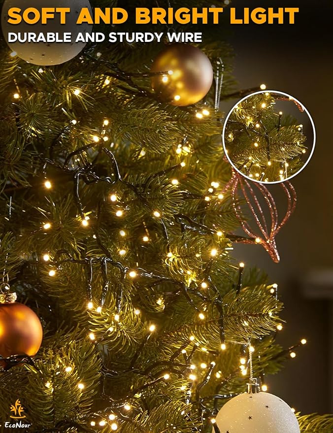 EcoNour 29.5 Ft 720 LED Cluster Twinkle Lights for Christmas Tree, 8 Modes String Lights for Decoration with Timer and Memory Function, Ambient Warm White Fairy Lights for Magical Home & Garden Decor