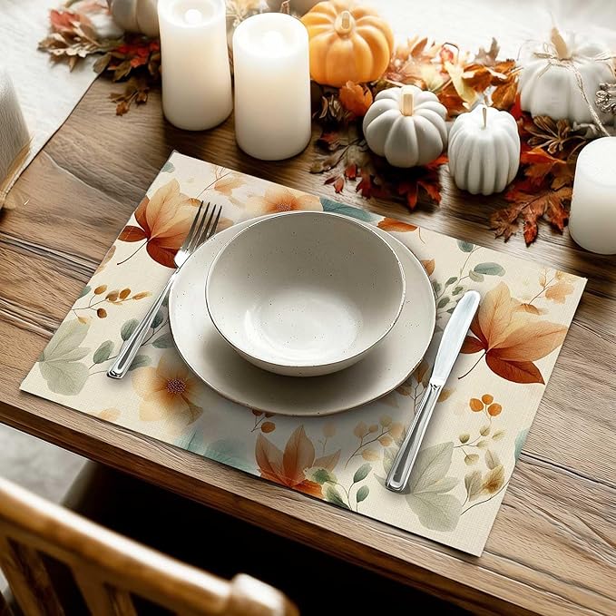 Set of 4 Maple Leaves Fall Placemats Seasonal Autumn Harvest Table Mats for Indoor Outdoor Home Party Dining Decor Farmhouse Burlap Table Mats 12x18 Inch #WP023