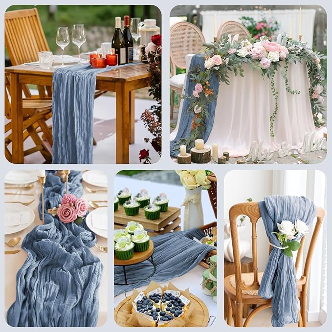 Asee'm 6pcs Cheesecloth Table Runner 120 Inches Long Dusty Blue Boho Gauze Cheese Cloth Runner 10FT Rustic Sheer Table Runners for Christmas Wedding Party Baby Shower Spring Easter Decoration