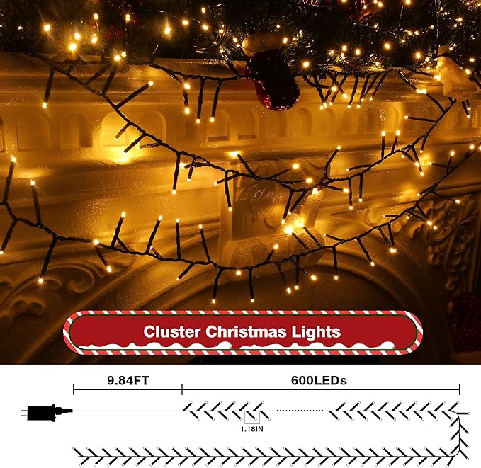 Christmas Cluster Lights Plug-in 49FT 600 LED Fairy String Lights, 8 Modes Timer Waterproof for Christmas Tree Party Decor Warm White