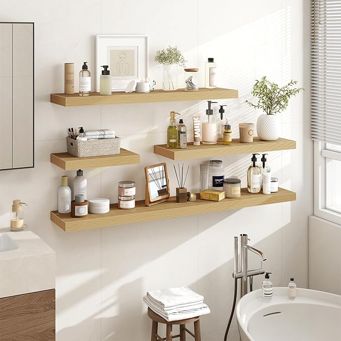 16 Inch Floating Shelves, 3D Textured Wood Grain, 16"x9.25"x1.5" Inch Deep Floating Shelves for Wall, Wooden Shelves for Bathroom, Bedroom, Living Room, Natural, 2 Pieces