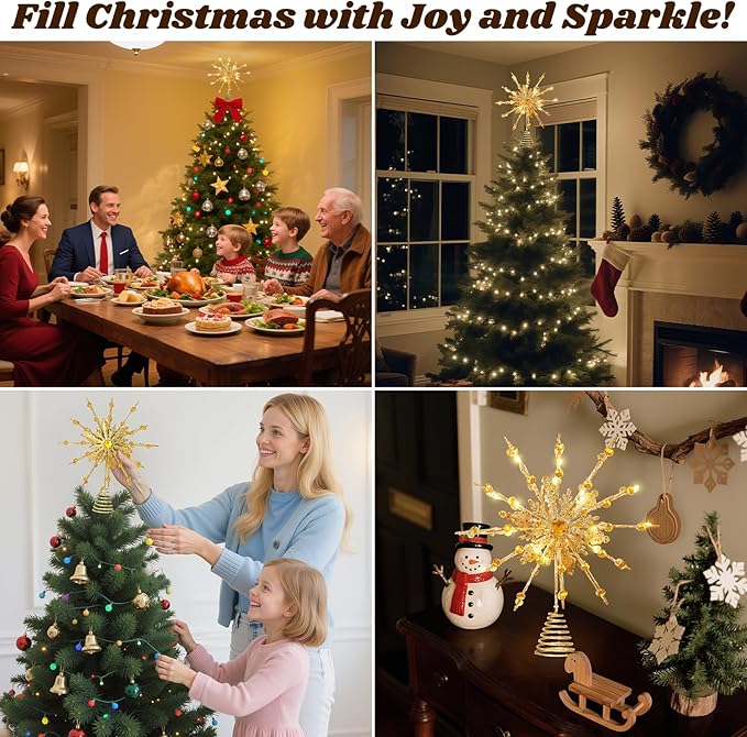Lewondr Christmas Tree Topper, 12.2'' Metal Xmas Star Tree Topper with 20 LED Bulbs, USB Powered Glittered 12-Pointed Treetop for Christmas Ornaments, Remote Control, 6H Timer, 8 Light Modes, Gold