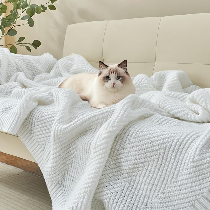 Knitted Throw Blanket 50"X60", White Knit Throws for Bed, Super Soft Boho Chevron Blankets for Couch Sofa Chair Room Decor, Textured Decorative Farmhouse Cozy Lightweight
