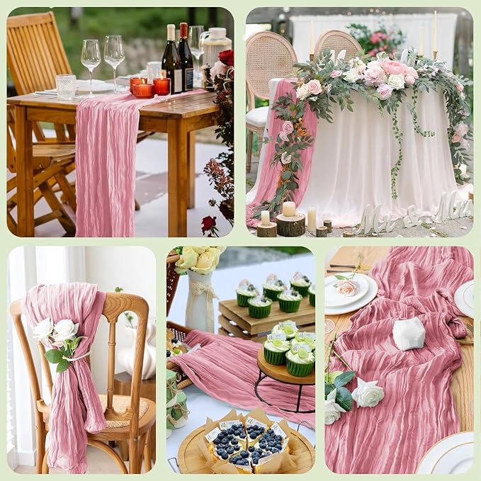 Wokceer Cheesecloth Table Runner Pink Valentine's Day 10FT Boho Gauze Cheese Cloth Table Runner for Party Long Rustic Sheer Runners for Baby Bridal Shower Wedding Easter Decor