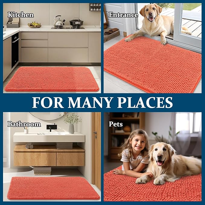 OLANLY Dog Door Mat for Muddy Paws 30x17, Absorbs Moisture and Dirt, Absorbent Non-Slip Washable Doormat, Quick Dry Chenille Mud Mat for Dogs, Entry Indoor Entryway Carpet for Inside Floor, Coral
