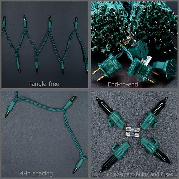 YULETIME 200 Green Christmas Lights, Pack of 2 Sets 33 Feet 100 Count UL Certified Incandescent String Lights (Green - Green Wire)