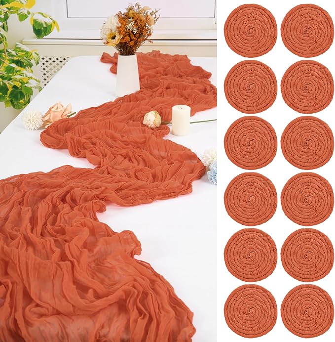 12 Pack Orange Cheesecloth Table Runner,10FT Gauze Boho Long Easter Cheesecloth Table Runners 20x120inch Rustic Cheese Cloth Table Runner for Wedding Party Bridal Shower Table Fall Decorations